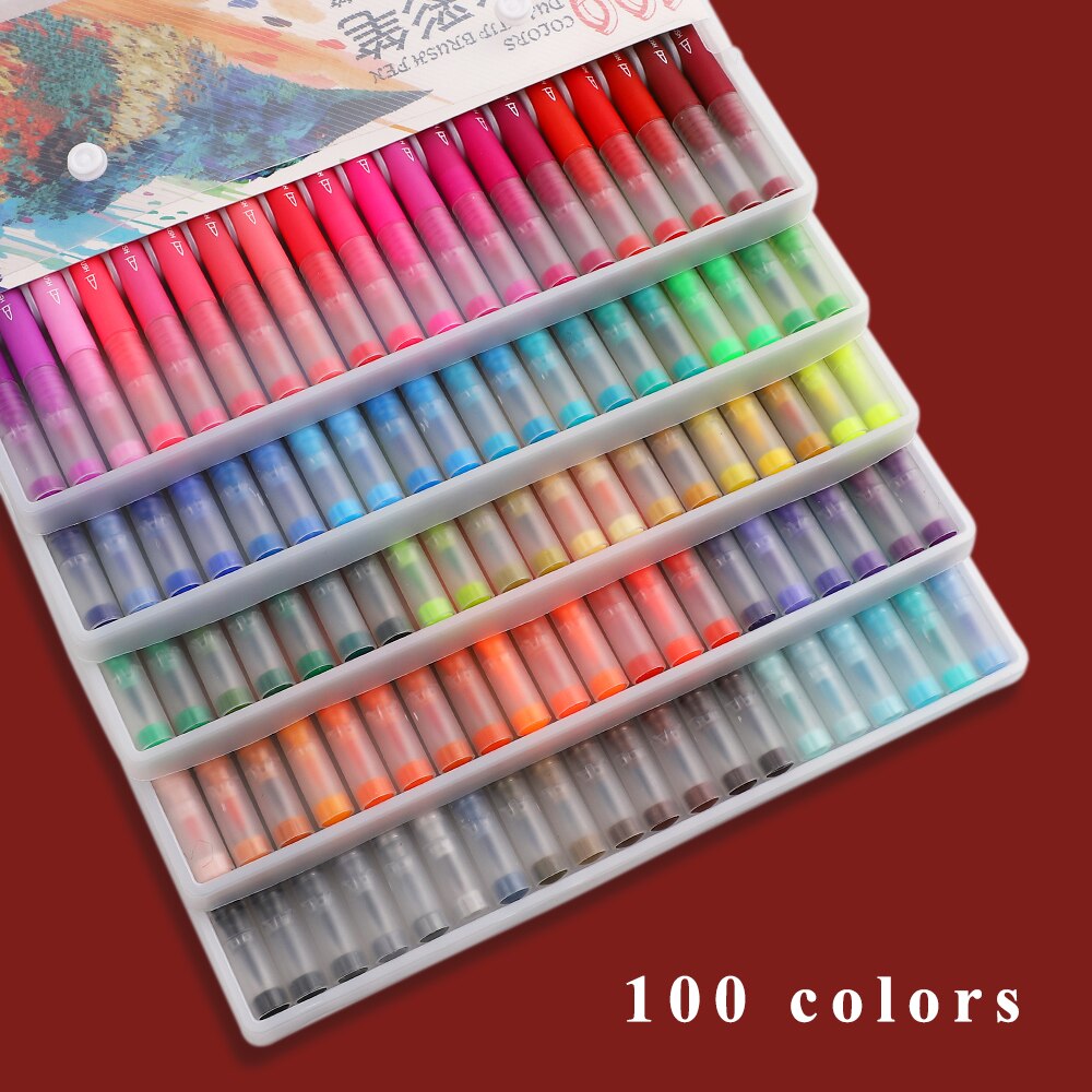 100 Stks/doos Dubbele Kop Tekening Aquarel Pen Set Student Kleur Borstel Schets Pen 0.4Mm Haak Lijn Pen Art levert: 100 colors