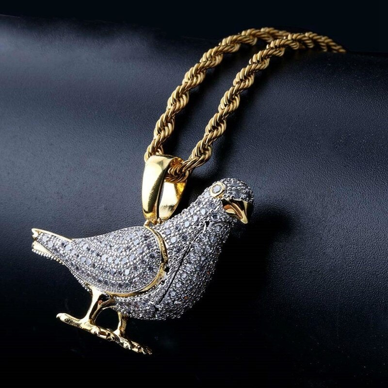 Neue Stil vereist aus Gold Farbe Überzogen Zwei Tonne Mikro Pflastern Zirkon Taube Anhänger Halskette Hüfte hüpfen Schmuck für Männer frauen