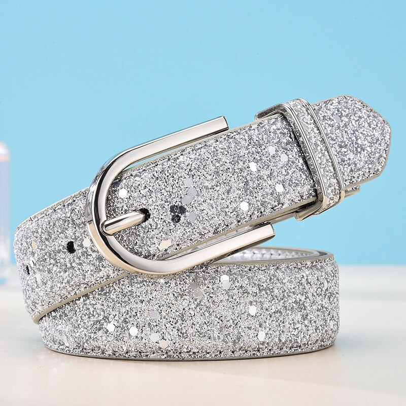 Ceinture de smoking, en PU, à paillettes pour femme, en faux cuir, à la , or ou argent, de bonne: Silver / 100cm