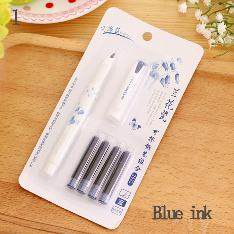 Chinese Style Orchid Porcelain Erasable Fountain Pen With Ink Sac Calligraphy Pens For Writing Office School Supply Stationery: Blue