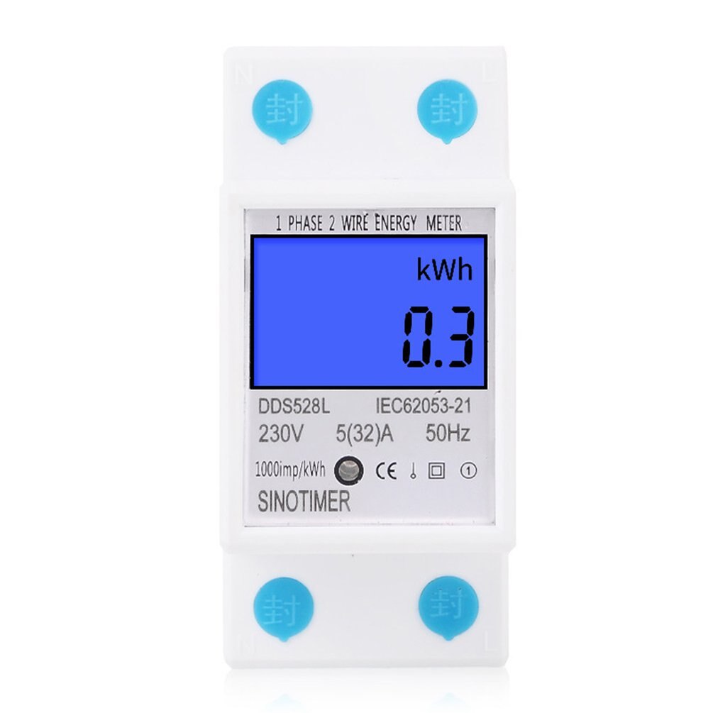 SINOTIMER Single Phase Energy Meter Home DIN Rail LCD Digital No Reset kWh Voltage Current Power Consumption Meter Wattmeter: 230V with backlight
