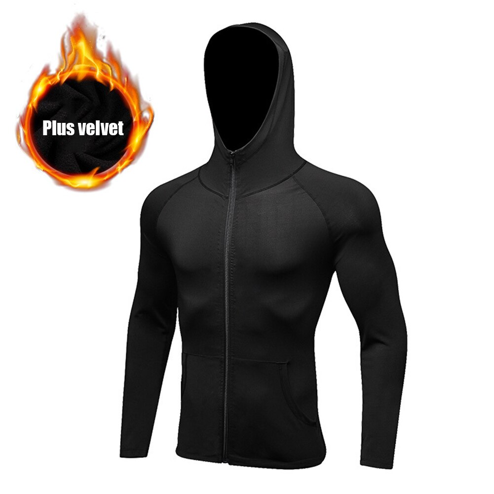 Men Sports Training Hooded Coat Quick Dry Long Sleeve Workout Athletic Hoodie Jackets Mens Running Jackets Fitness Sports Coat: M / black velvet