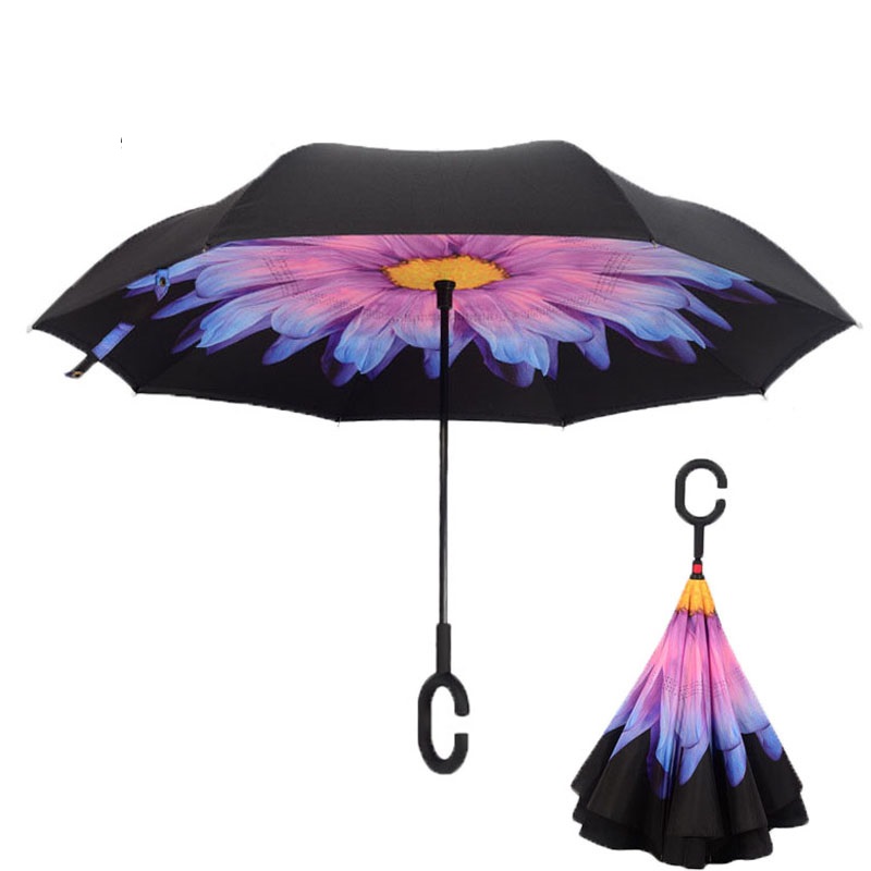 Lilla daisy omvendt foldbar paraply til dobbeltlag uv-bevis vindtæt regnbeskyttelse c-krog hænder til bil udendørs