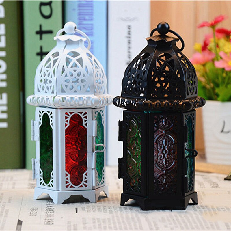 Negro/Blanco farol marroquí té luz vela titular caja colgante decoración