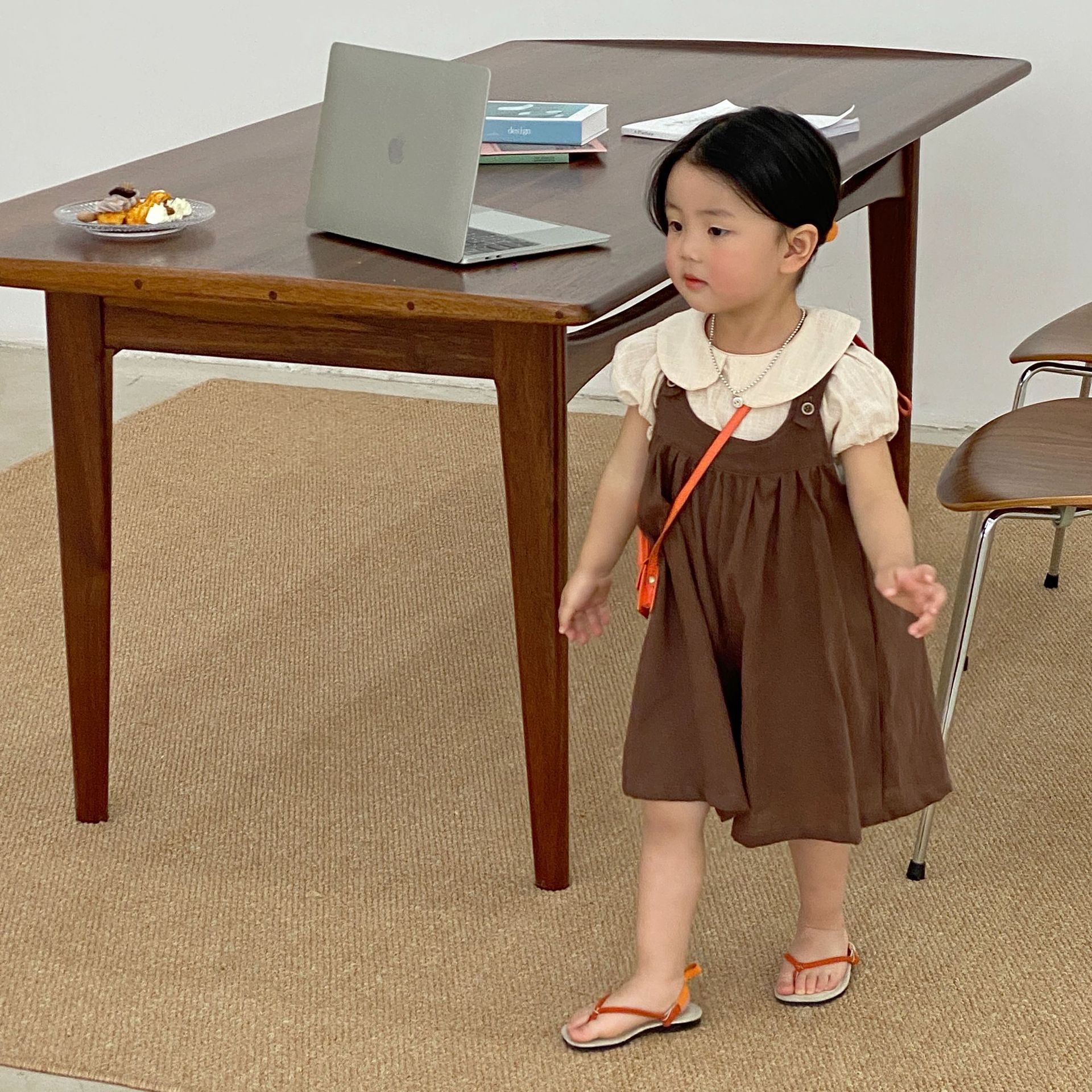 1752B 2022 camicie per bambini estive nuove ragazze coreane camicetta bavero tinta unita manica corta cotone lino camicie per bambini