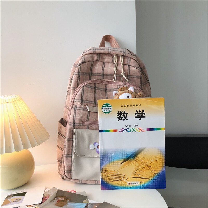Dcimor Grande Capacidade Multi-Bolso Algodão E Linho Mochila Feminina Estilo Preppy Xadrez Mochila Estudante Universitário