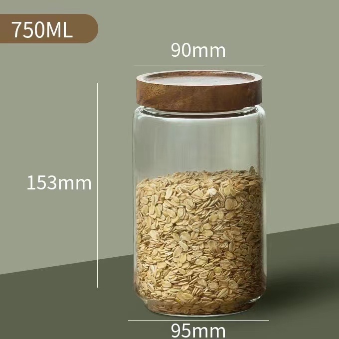 Wood Lid Glass Airtight Canister Food Container Tea Coffee Beans Kitchen Storage Bottles Jar Sealed Grounds Candy Jars Organizer: 750ML