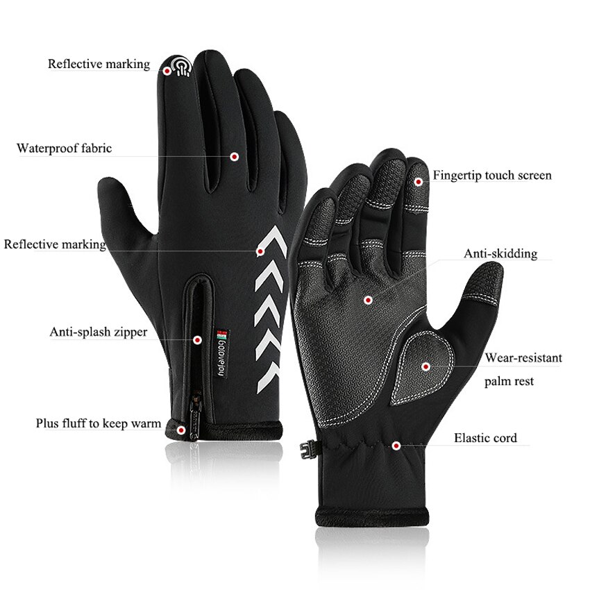 Gants de moto d'hiver pour hommes, bande réfléchissante, écran tactile, imperméables, antidérapants, cyclisme, ski, coupe-vent, chauds, en peluche