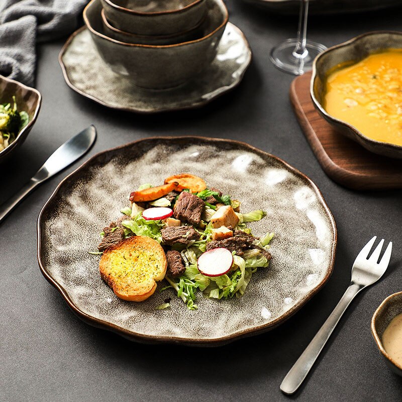 Japansk stil steintøy servise retro tallerken personlighet pasta tallerken salatskål gammeldags steintøy sausfat