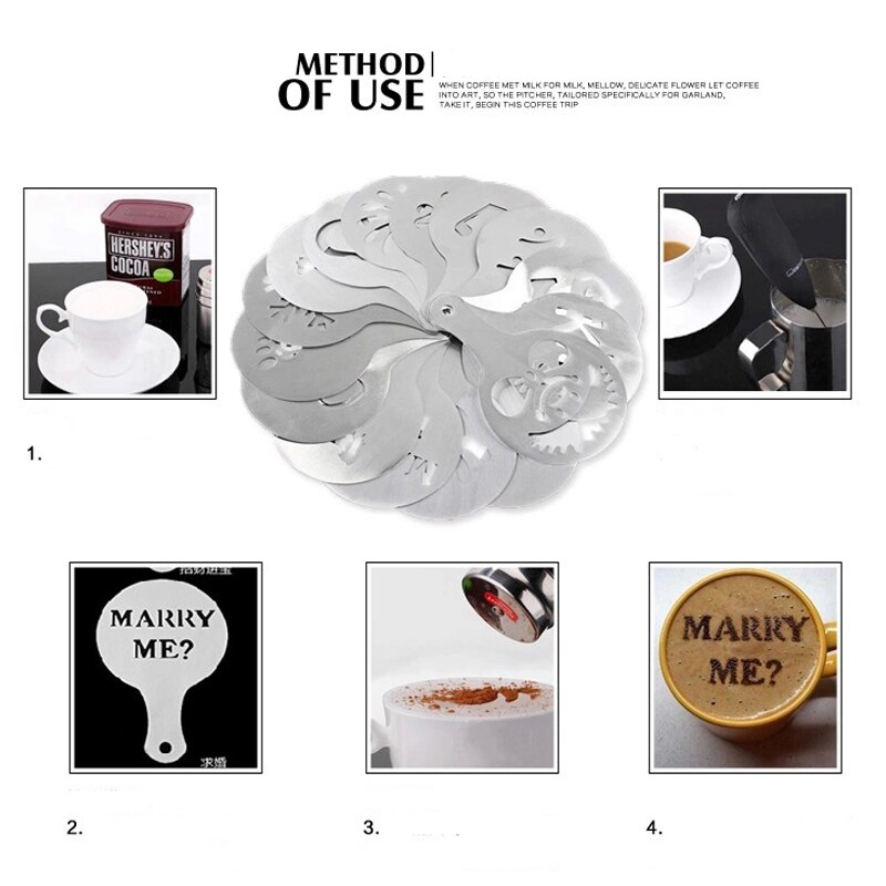Stainless Steel Coffee Latte Art Mold Fancy Pattern Stencil Latte Art Artifact Dusting Mold Milk Tea 16 patterns16PCS