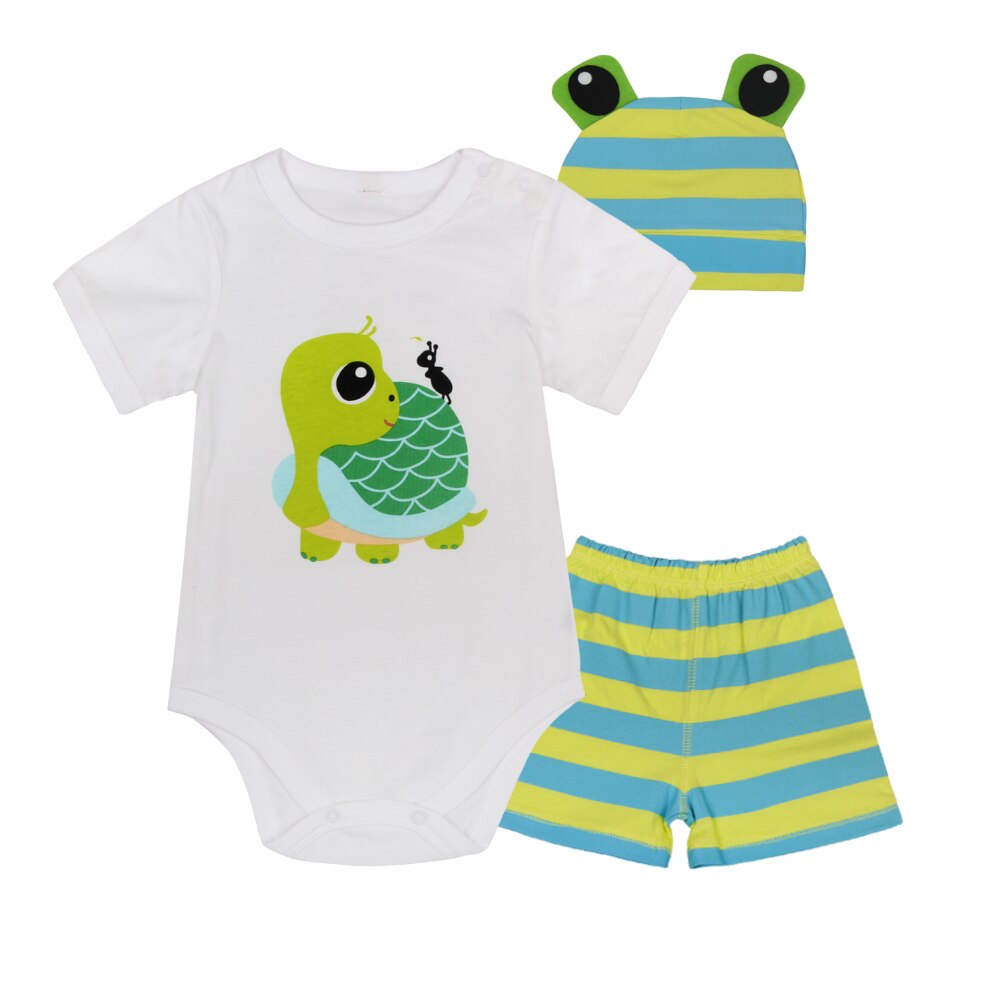 Babykleding voor jongens en meisjes, zomerpakje, rompertjes met dierenprint, gestreepte shorts met hoed, 3 sets babykleding, jumpsuits en jumpsuits