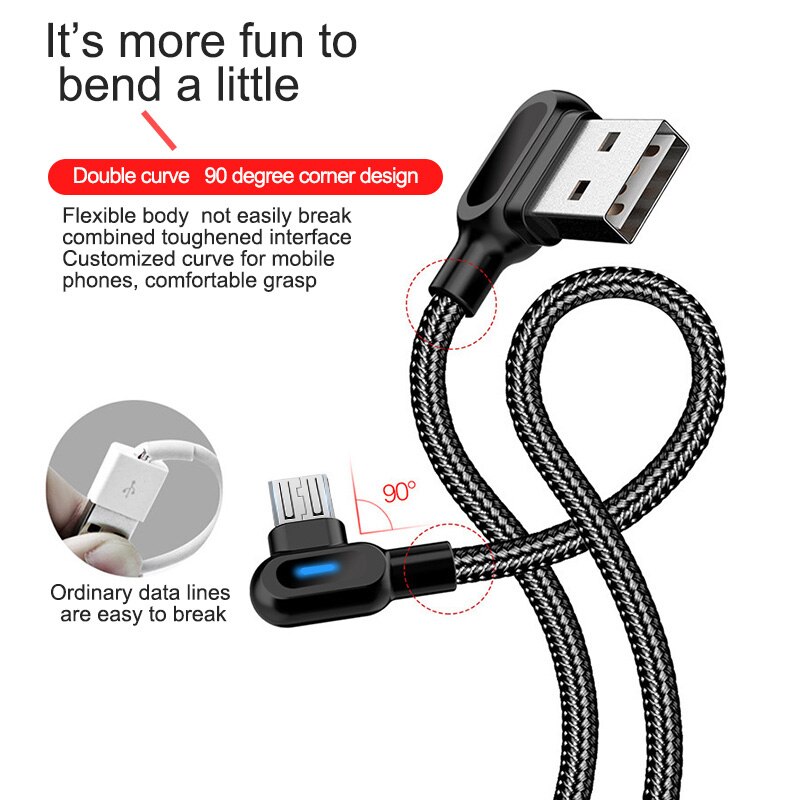 USB Type C Cable 2M For Xiaomi Redmi Note 8 7 Pro 90 Degree Fast Charging USB C Cable For Samsung S8 S9 Note 9 8 Plus USB Wire