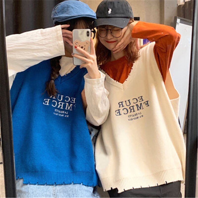 Blå bogstav oversize strik veste kvinder efterår koreansk stil v-hals løs sweater veste kvindelige csual streetwear veste