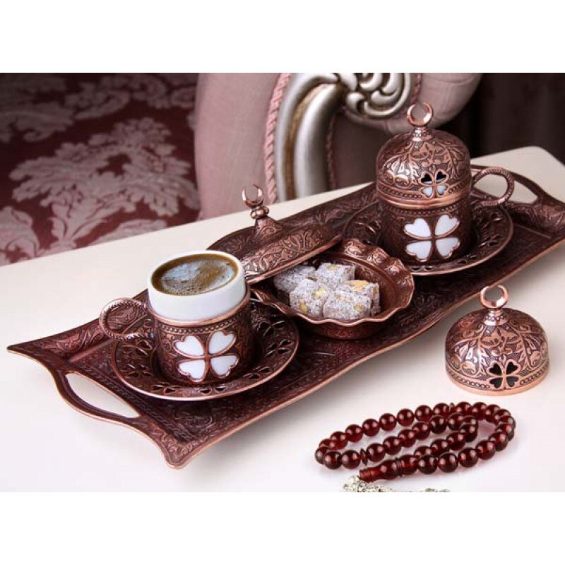 Turkse Koffie Set Arabische Poef Griekse Authentieke Product Met Historische Patroon Espresso Serveren Copper & Silver