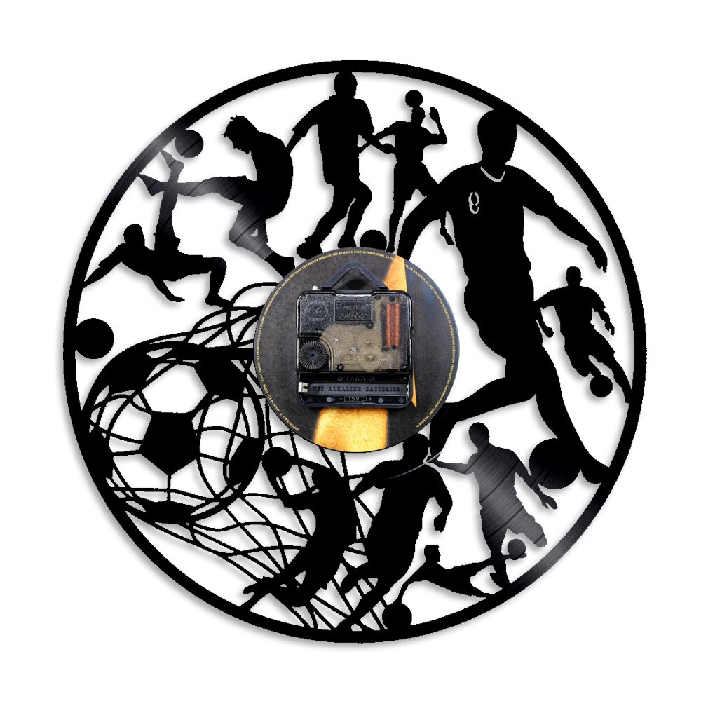 Reloj de pared de fútbol jugadores de fútbol Kick Ball Net Goal Football Field equipo de pelota deporte Colegio niños Juego reloj de vinilo de registro