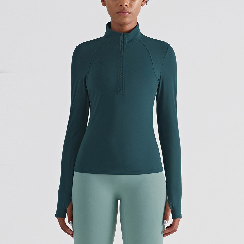 1 pcs Women Horse Riding Base Layer Long Sleeve Half Zipper Riding Top Racing Show Shirt Quick Dry Equestrian Clothing: dark green / M-6