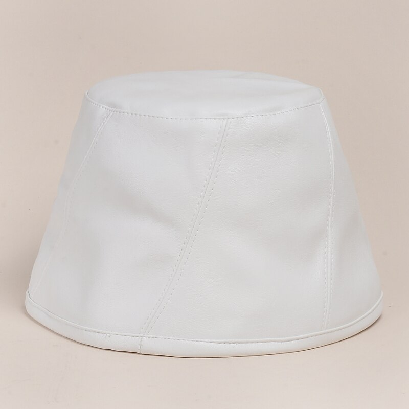 Pu læder spand hat efterår koreansk harajuku afslappet fisker cap kvinder solid håndvask hat panama femme retro kunst hat: Hvid