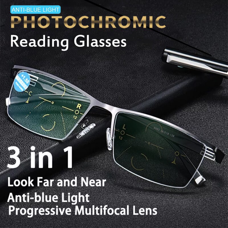 Lunettes De Lecture Progressives Photochromiques – Unisexe, Anti-lumière Bleue, Transition Automatique – Style Rétro Carré