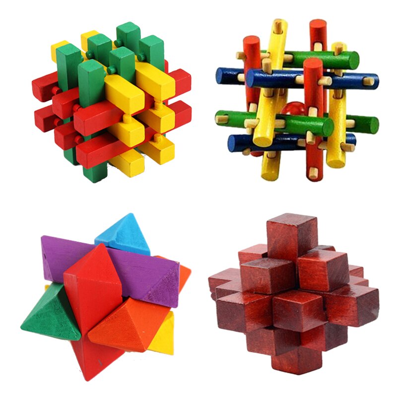 4Pcs/Set Intellectual unlock game Luban Lock Insert and assemble toys Decompression cube Wooden lock toy brain game: colour Set