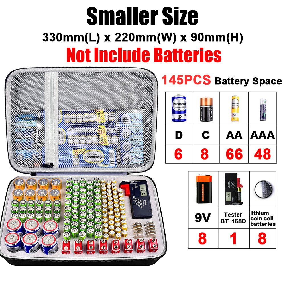 146 Pcs Portable Hard Shockproof EVA AA/AAA/C/D/9V Battery Case Box Storage Organizer Holder for Tester Extra Space for Charger