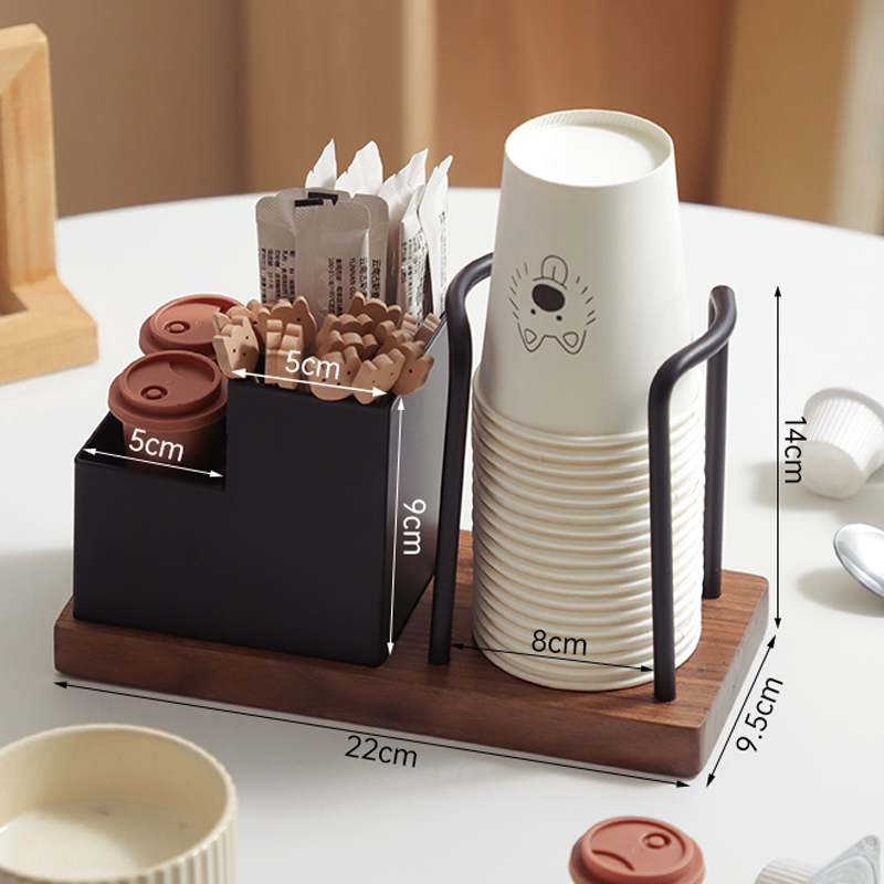 Wooden Coffee Station Organizer with Cup Holder and Condiment Storage - Coffee Bar Accessory for Disposable Cups and Coffee Supp