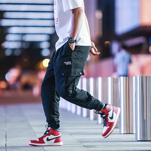 YASUGUOJI spring korean men streetwear pants cargo pants men loose harem pants men ankle banded pants: Black K2003 / M