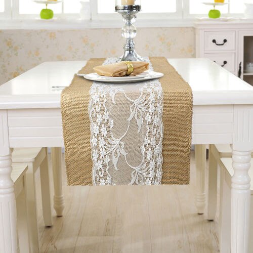 Aa hessian säckväv bordslöpare weding blomma spetsar naturlig rustik vintage dekor: 30 x 275 / B