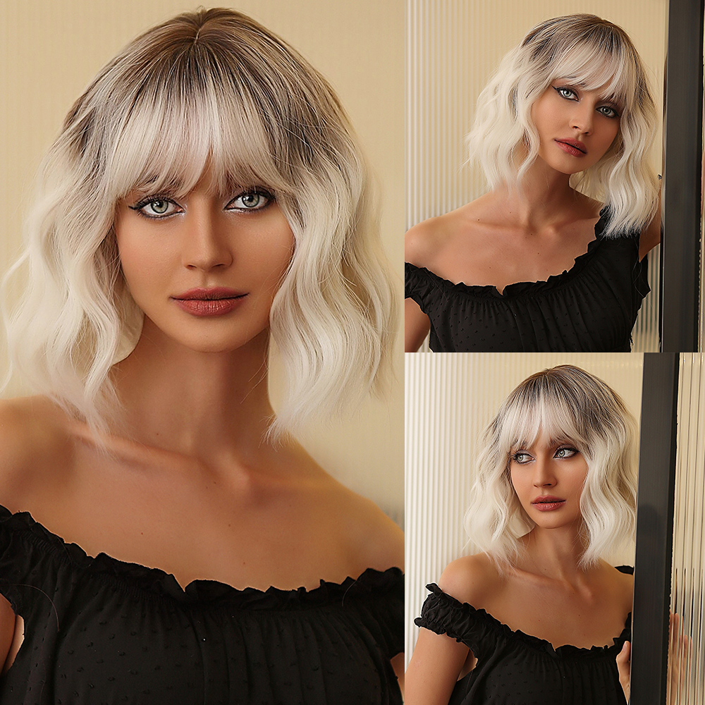 Pelucas sintéticas ombré marrón Rubio para mujer, pelo corto ondulado Bob con flequillo, onda corporal, Cosplay, Lolita, pelo Natural resistente al calor: 4/27HL