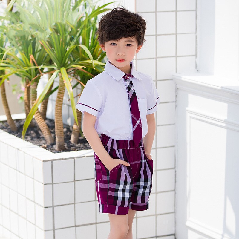 Summer Teenagers School Uniforms Girls Plaid Skirt Performance Costumes Japanese Style Clothing Suit 2pcs Class Set: Top Shorts Tie / 120cm height