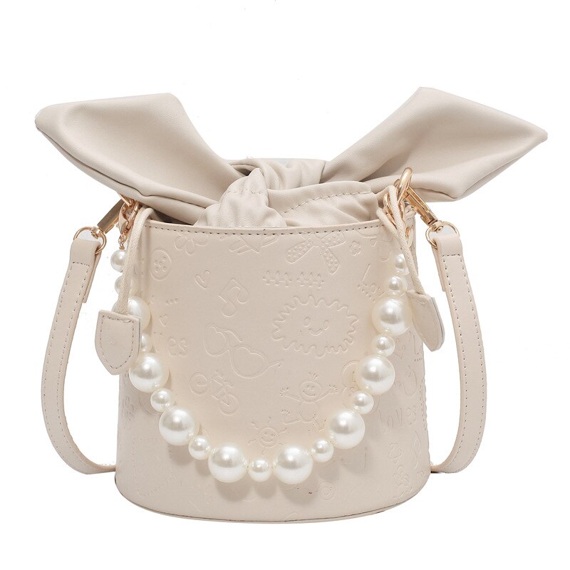 THREEPEAS PU Leather Shoulder Bucket Bag Women Girls Purses and Handbags Pearl Female Shoppers: White