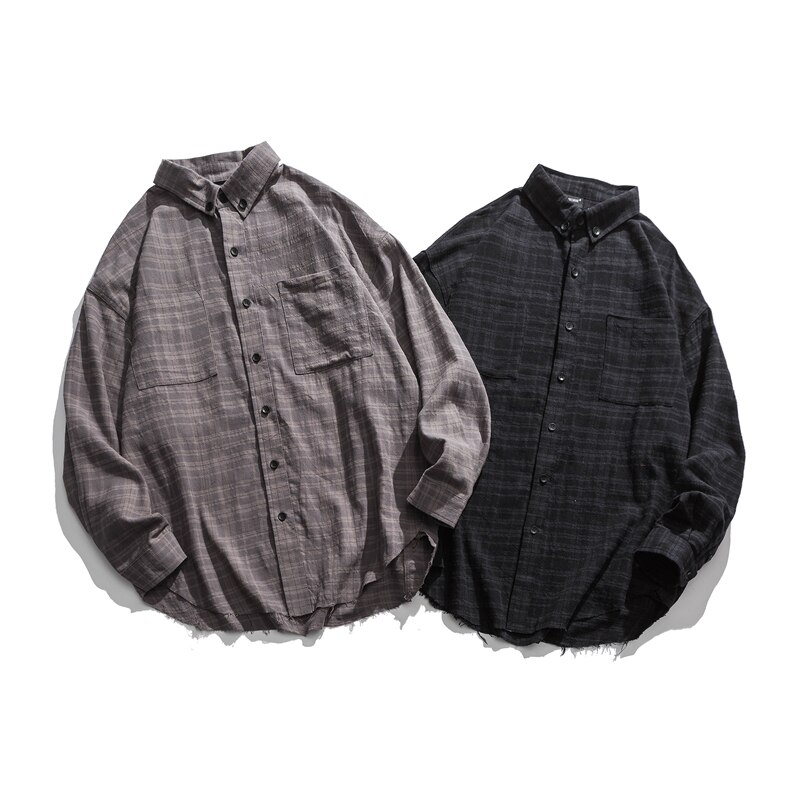 Harajuku sort afslappet skjorte japansk streetwear sort rutet langærmet shirt mænds tøj koreansk tøj mandlig
