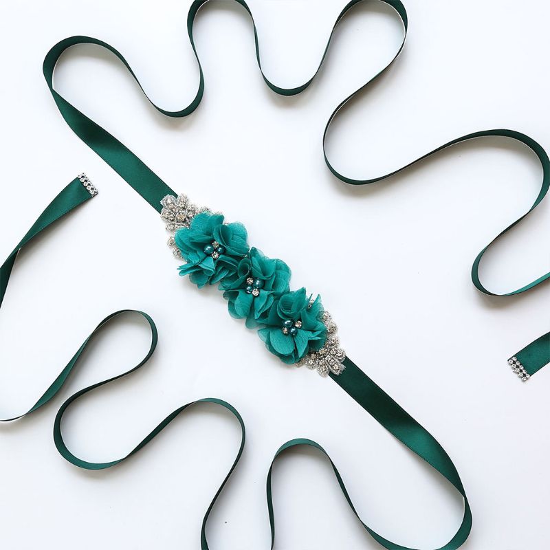 fajín de Tres flores para mujer, pretina de cuentas de estrás, fajín nupcial, fajín para boda, vestido ceñido en la cintura, cinturón, 12 colores: green