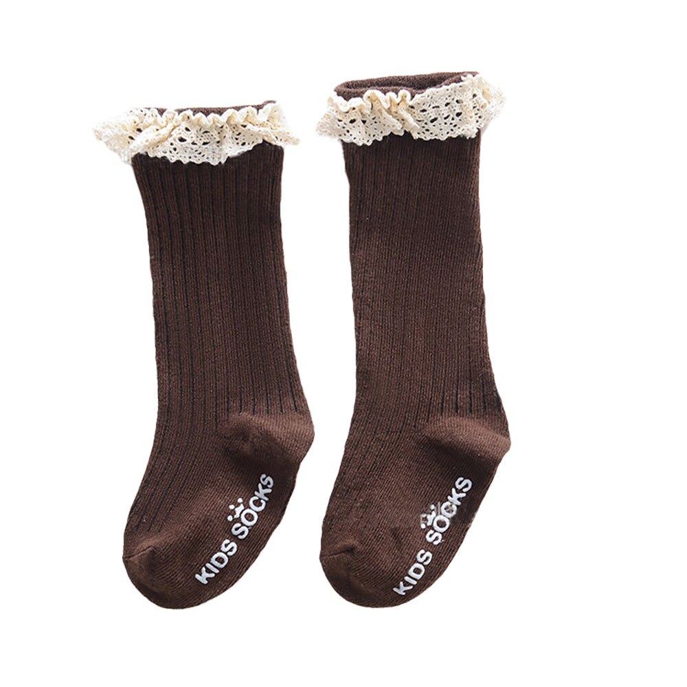 Baby Meisjes Sokken Peuters Meisjes Grote Boog Knie Hoge Lange Zachte Katoenen Kant Babysokjes Strik 100% Katoen sokken: Dark brown lace / M   2-4T