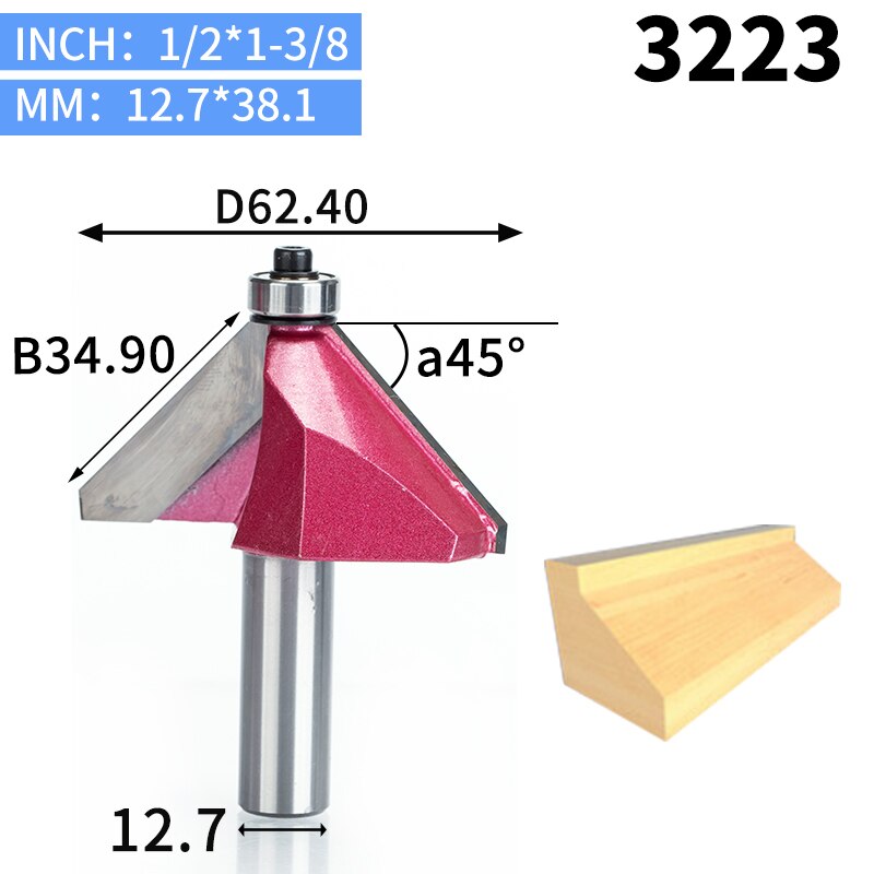 HUHAO 1pcs 1/2"1/4" Shank Chamfer Cutter Industrial grade Router Bits for wood Horse Nose Bit 45 Deg CNC Woodworking Tool endmil: 3223