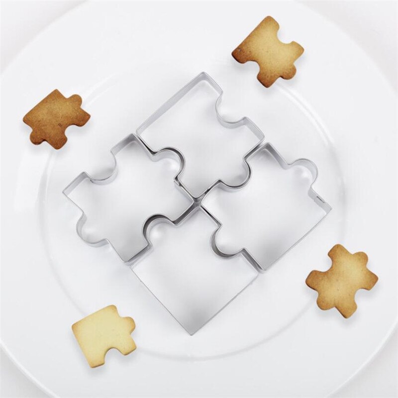 4pcs/lot Stainless Steel Cookie Cutter Mold Fondant Puzzle Piece Biscuit Stamp Silver Cookie Vegetable Fruit Pattern Cutter