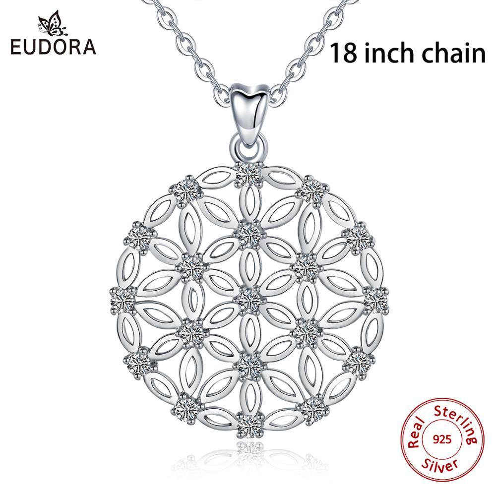 COLLAR COLGANTE con flor de la vida de plata de ley Eudora con caja gratuita, joyería para mujeres, romántico/Dropshpping D493: Plata