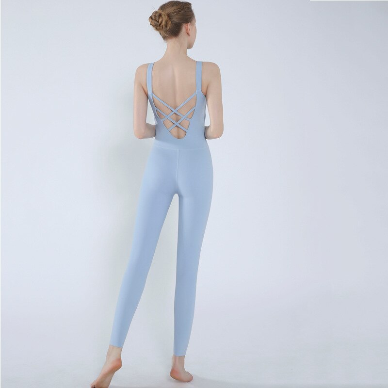 Vrouwen Naadloze Gym Sets Mouwloze Gym Kleding Yoga Set Met Gewatteerde Rug Band Cross Sport Sets Yoga Jumpsuit Fitness Rompertjes: Sky Blue / S