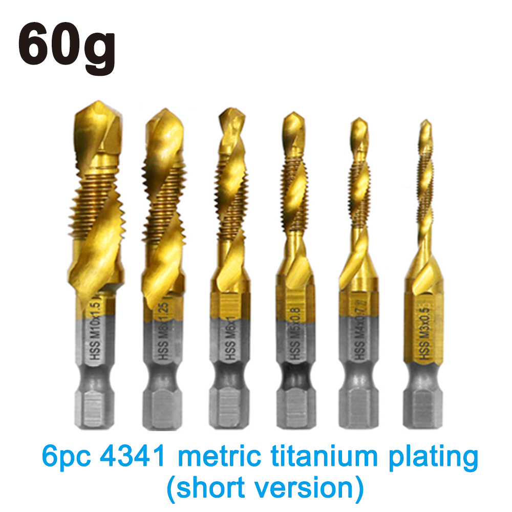 6pc high speed steel M3-M10 titanium plated composite tap hexagonal drill and tap integrated tap machine with hole chamfer tool: Default Title