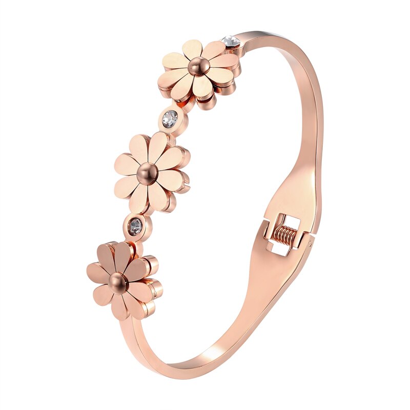 Cute Crystal And 3 Chrysanthemum Shape Bracelets &amp; Bangle Stainless Steel Spring Open Gold Color Bangle For Women Brand Jewelry