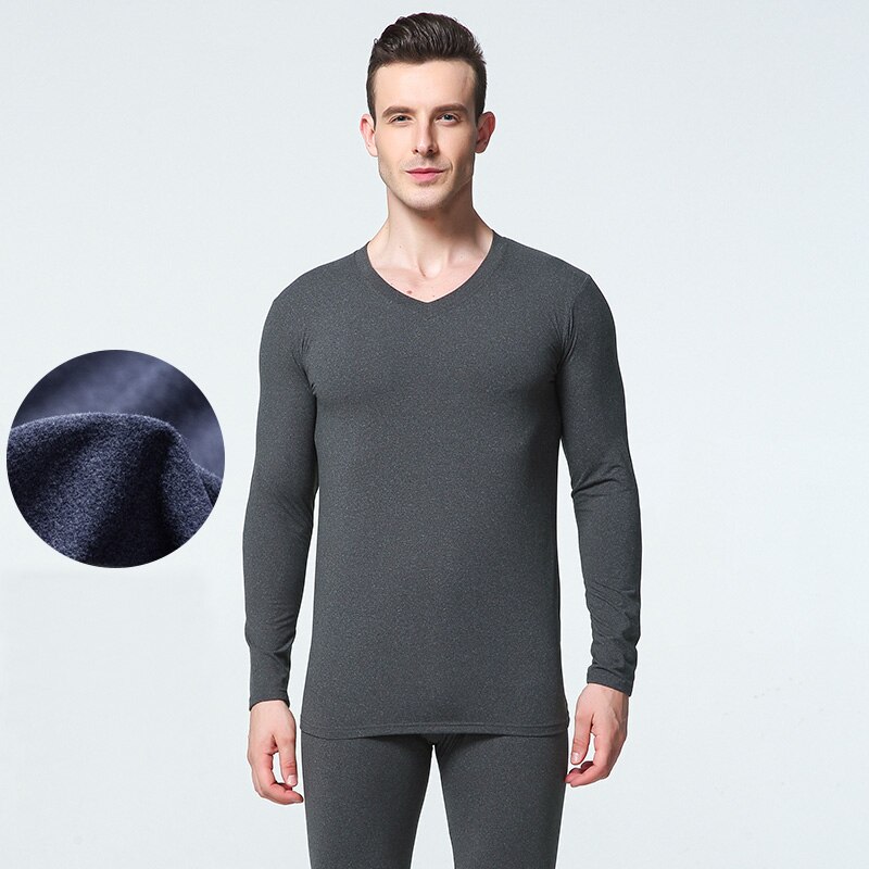 1 Sets Winter Long Johns Men Thermal Underwear Sets Simple Solid V-neck Keep Warm For Man Male Clothing Sleep Wear Spring Autumn: Dark Grey / XL