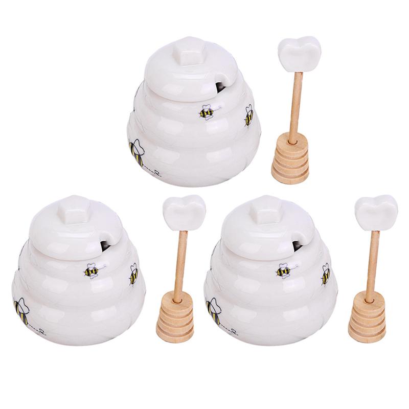 5PCS Ceramic Honey Pot Jam Jar Set with Dipper and Lid for Home Kitchen: White 3pcs