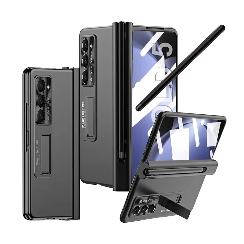 Luxe Pc Case Voor Samsung Galaxy Z Fold 5 3 4 Case Met S Pen En Pen Houder Scharnier Bescherming Ingebouwde Screen Protector Stand: Canvas / Black