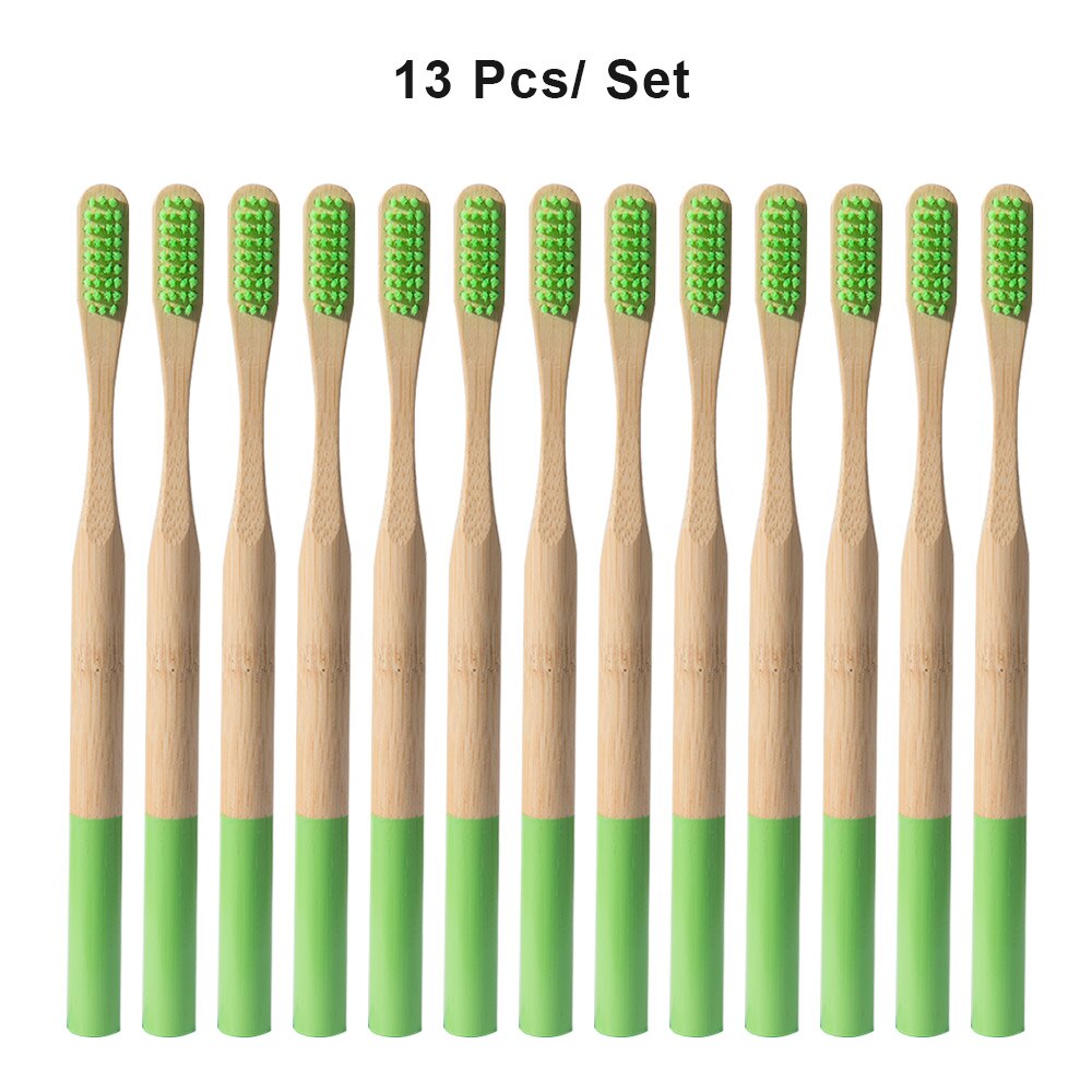 Miljövänligt trä regnbågtandborste bambu 12/13 st tandborste bambufiber träskaft tandborste blekning färgglad: 13 st ljusgrön
