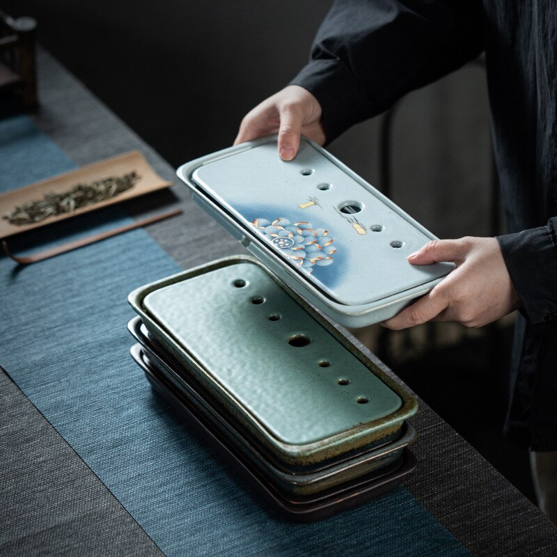 Ceramic Tea Tray Japanese-Style Small Household Rectangular Double-Layer Water Storage Dry Pour Tea Tray Kungfu Tea Tray