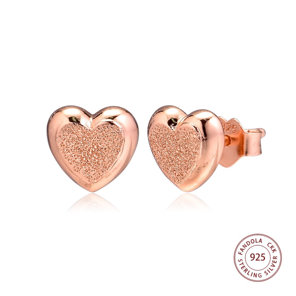 Authentieke 925 Sterling Zilver Rose Goud Matte Brilliance Harten Stud Oorbellen voor Vrouwen Wedding Earring Mode-sieraden brincos