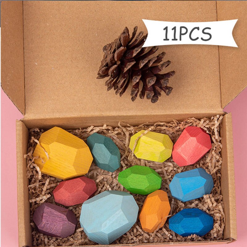 Di Legno colorato Pietre Giocattoli di Legno Blocchi di Costruzione Blocchi di Bilanciamento Impilabile Gioco Arcobaleno di Pietra Colorata Educativi Giocattoli Di Puzzle: 11pcsset box