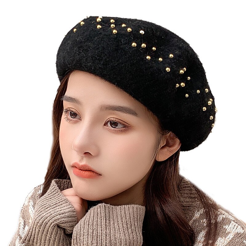 Femmes bérets métal clou perceuse laine couleur unie chapeaux femme Bonnet casquettes dames automne hiver marche chapeau Casquette