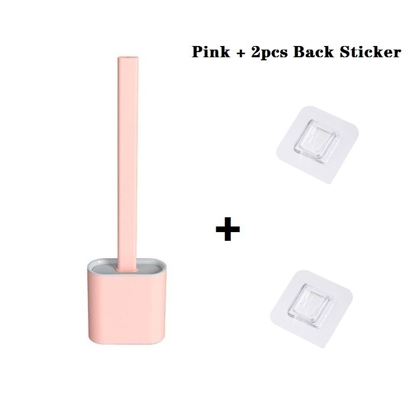 1pc silikon wc toalettbørste veggmontert flatt hode fleksibel myk børste hurtigtørkende holder 2 stk back stick baderomstilbehør: Rosa med 2 stk bak