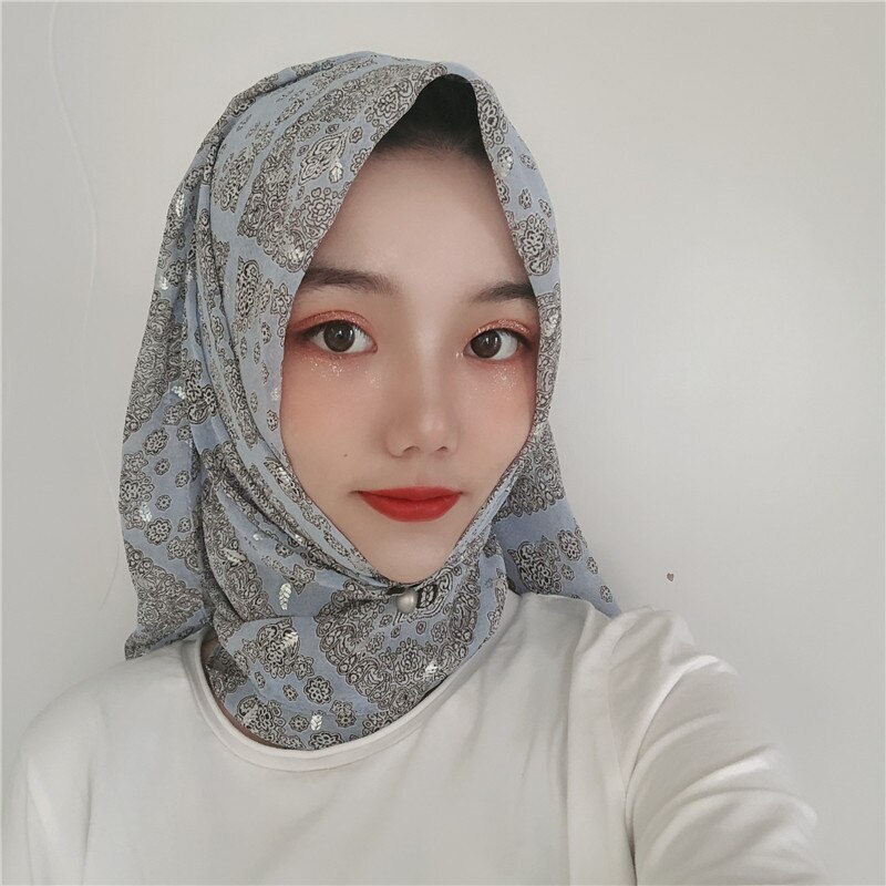 Muslim headscarf retro chiffon crepe scarf silver print long scarf Dubai headscarf hijab