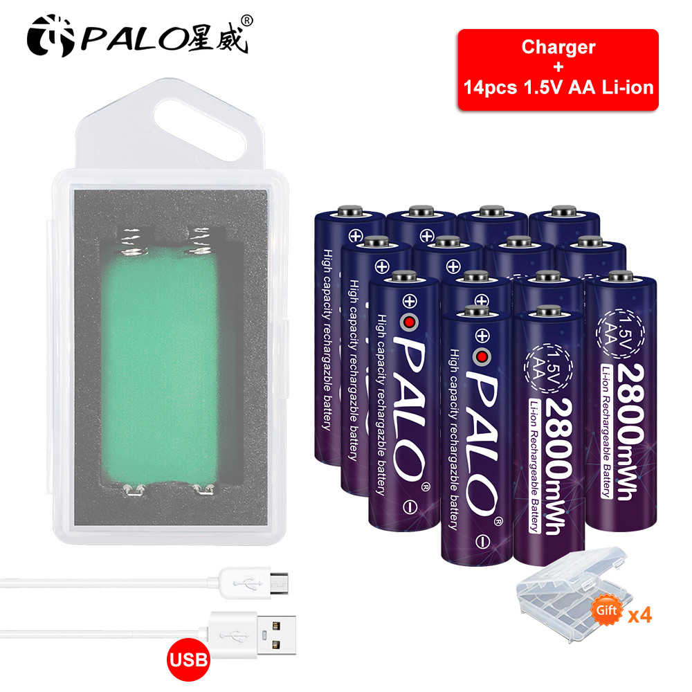 PALO 2800mWh AA1.5V lithium-ion battery 1.5V AA rechargeable pre-charge battery+1.5V AA li-ion battery charger case usb charger: 14pcs and charger